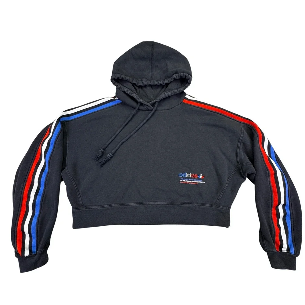 Adidas Hoodie Women's Small Cropped Velvet Logo Red White Blue Black USA - Picture 4 of 11